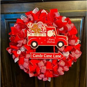 Hand made wreath. Candy cane theme.